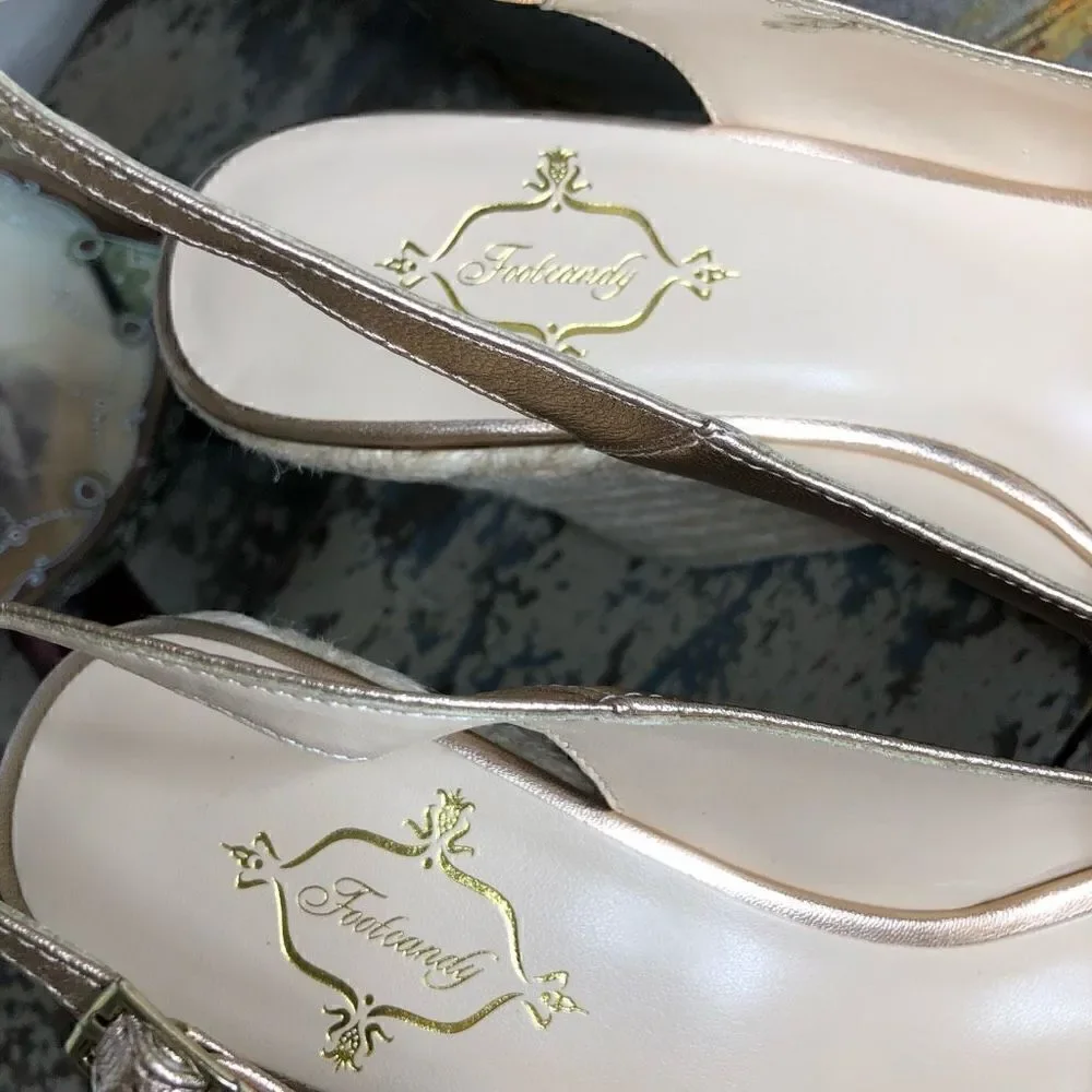 NEW Footcandy Costa Rica Rose Gold Coastal, Y2K Slingback Peep Toe Wedge